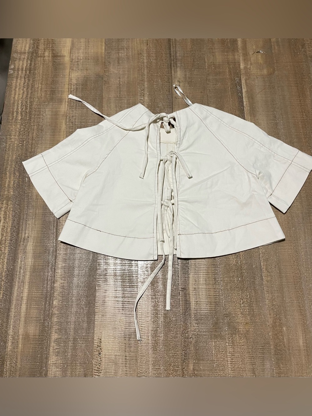 Cropped Cream Lace-Up Short Sleeve Top